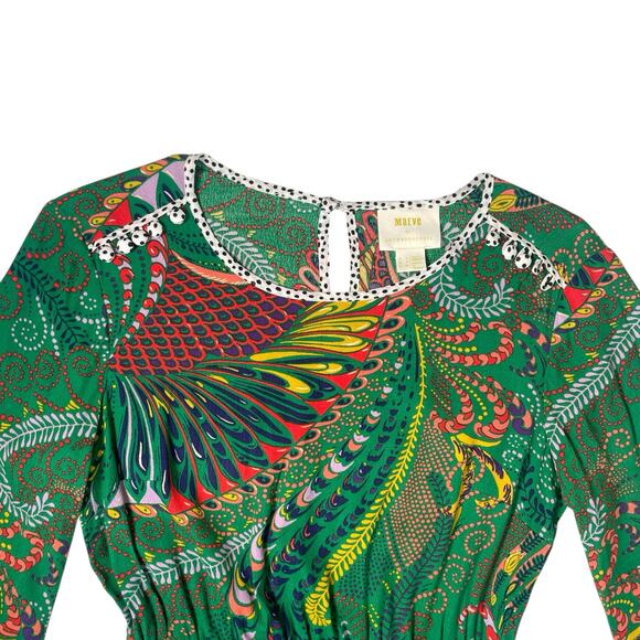 Maeve By Anthropologie Womens Janis Paisley Long Sleeve Dress size 0 Green Boho - Picture 6 of 9